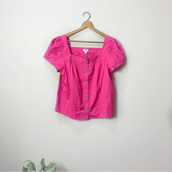 [J. Crew Factory] Bright Pink Square Neck Puff Short Sleeve Button Down Top - Picture 1 of 7